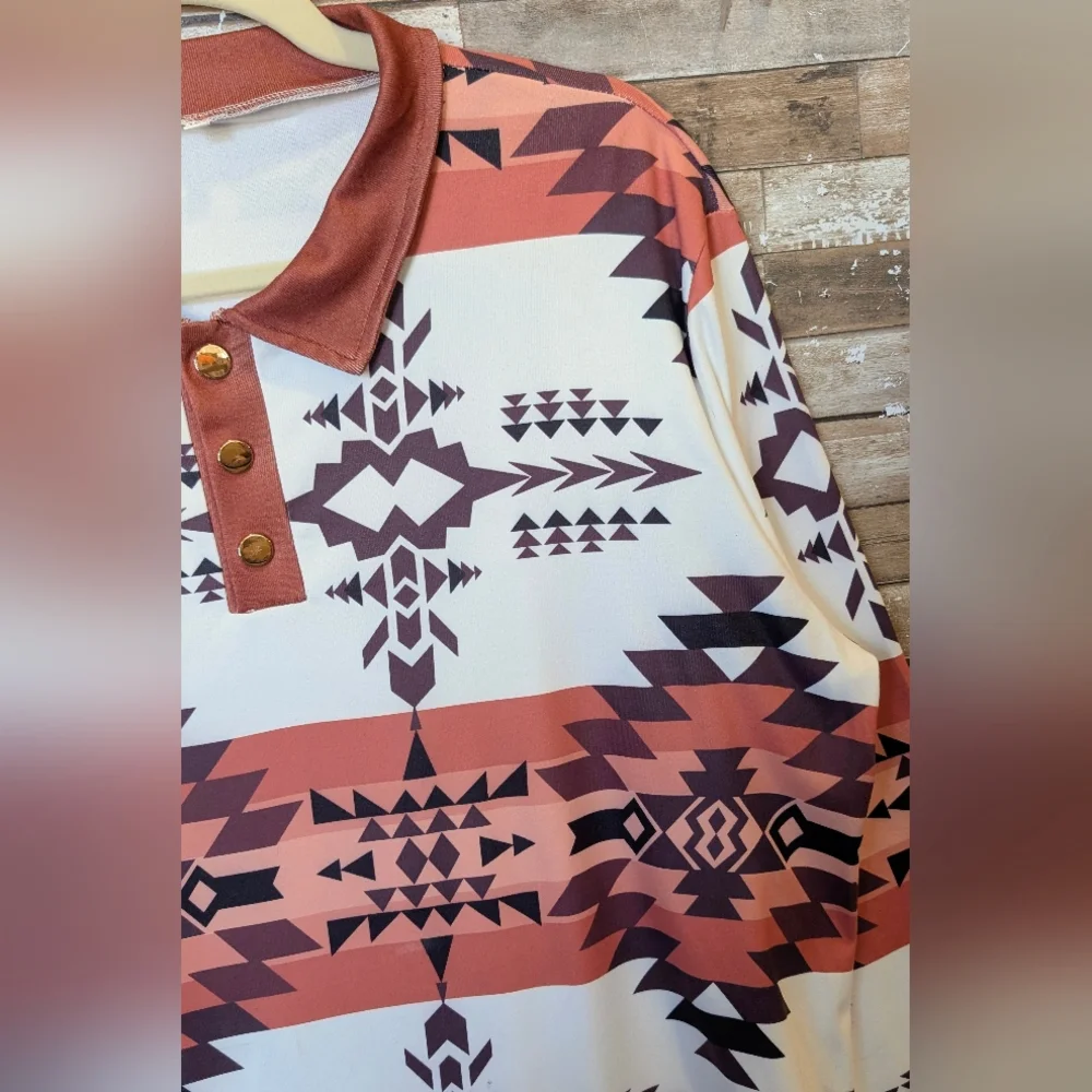 New Brown & White Aztec Top With Metal Buttons - Picture 5 of 15
